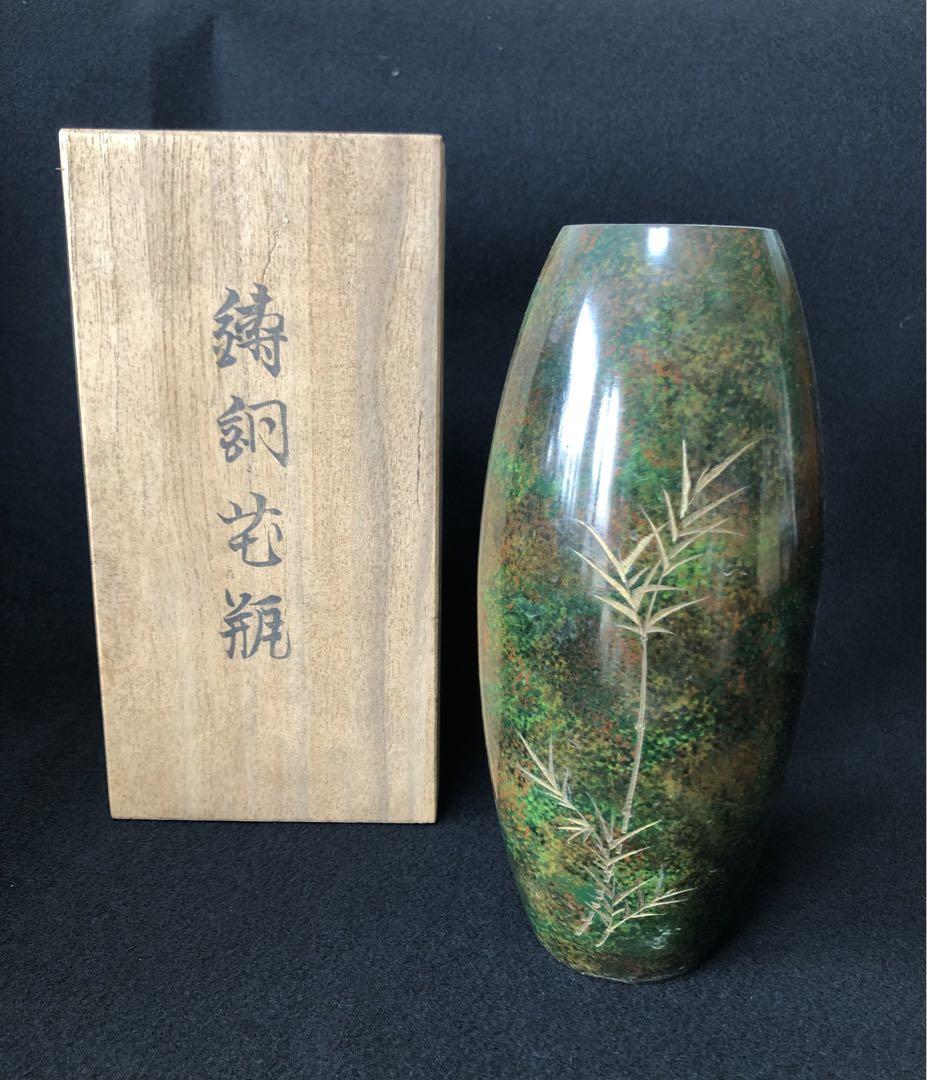 高岡銅器 竹彫り銅花瓶 銅製 花器 インテリア 置物 花入 花生 銅花瓶 共箱