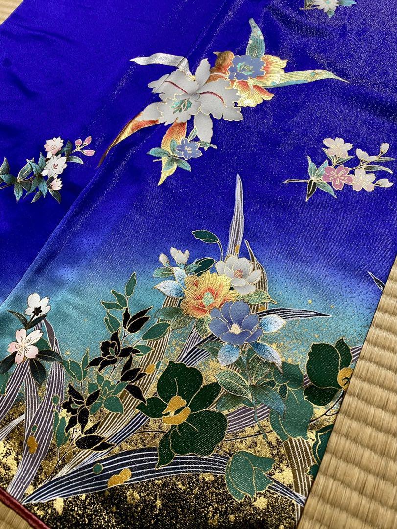 振袖 正絹 花柄 青 ブルー