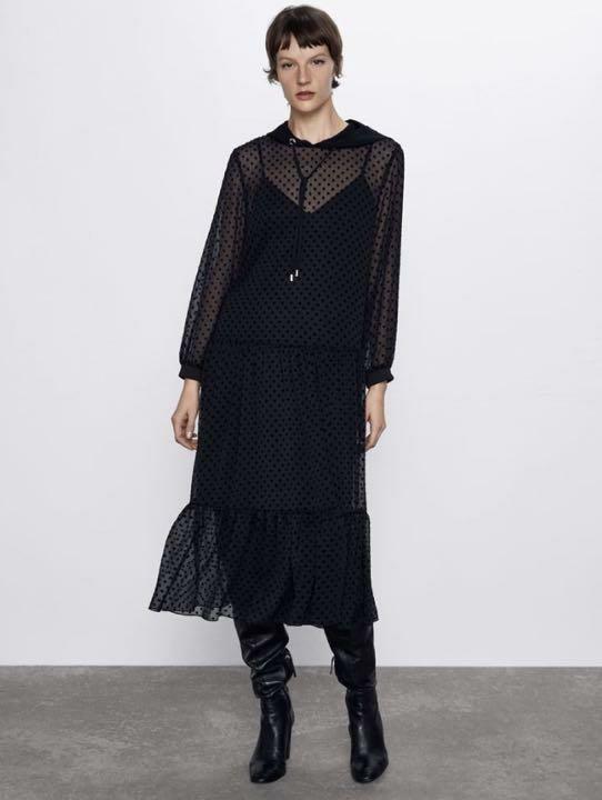 ZARA フード付きシアーフロッキードットティアードワンピース ブラック黒ロング