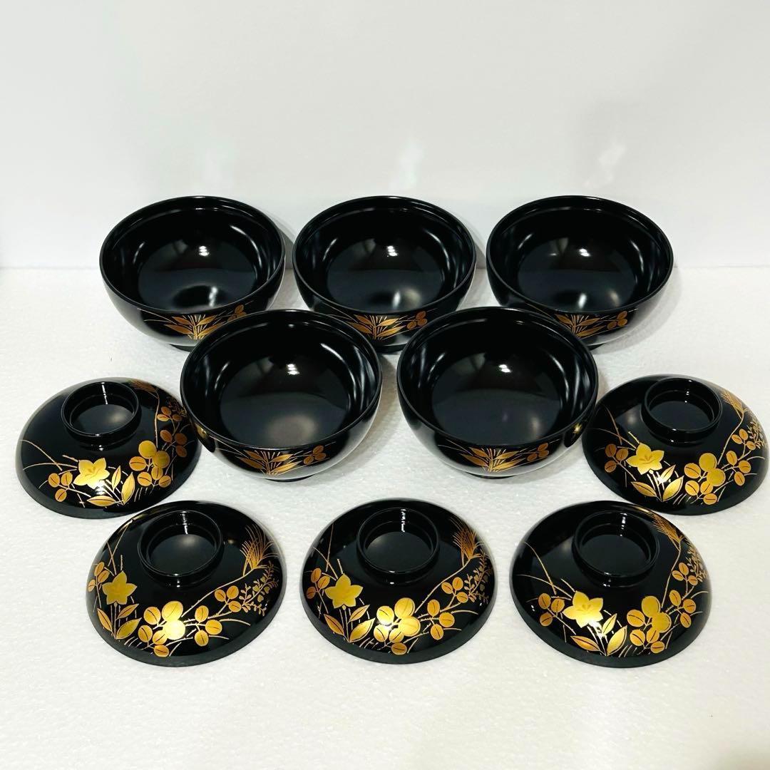 ⭐️ 会津塗 天然木加工品 四君子蒔絵 朱内朱 蓋付きお吸物椀揃 5客美品⭐️ ⭐️ 会津塗 天然木加工品 四君子蒔絵 朱内朱 蓋付きお吸物椀揃