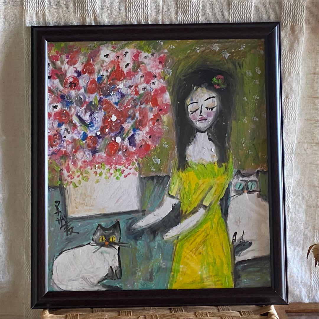 絵画 。壁掛け絵原画【女性の主人が花瓶を片付ける時に遊んでいた2匹のシャム猫】