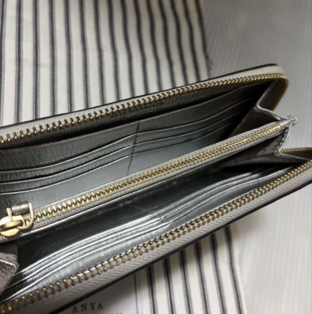 ANYA HINDMARCH ラウンドファスナー長財布 ステッカーズ シルバー