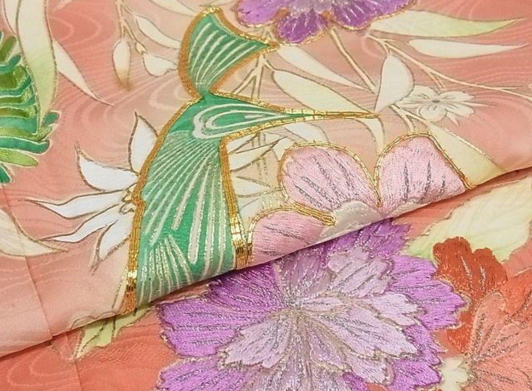 豪華振袖　駒刺繍　孔雀花文　暈し染め　金彩　正絹　逸品　成人式　パーティー卒業式