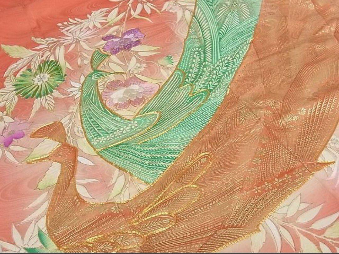 豪華振袖　駒刺繍　孔雀花文　暈し染め　金彩　正絹　逸品　成人式　パーティー卒業式