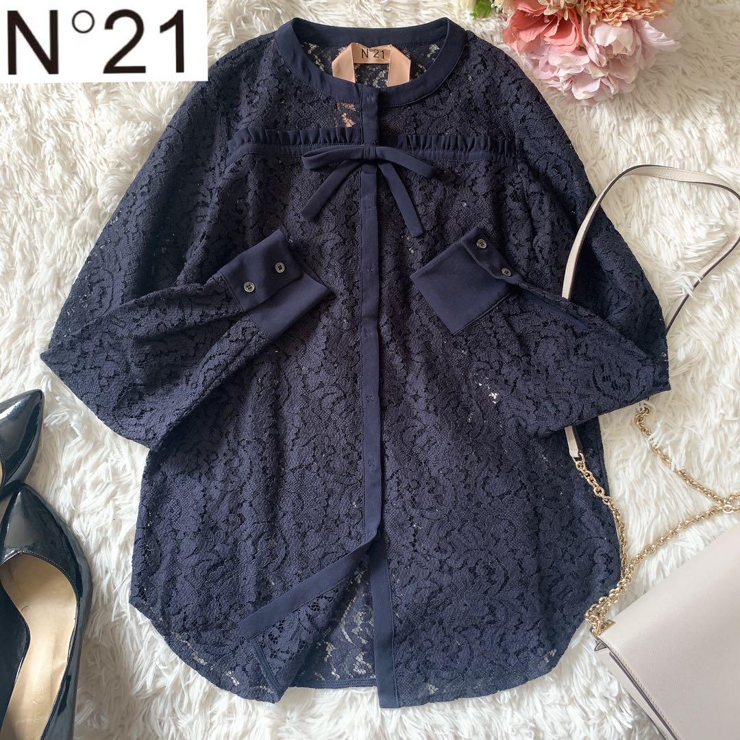 近年モデル✨️イタリア製✨N゜21✨フラワーレース刺繍　シアーカーディガン　リボン