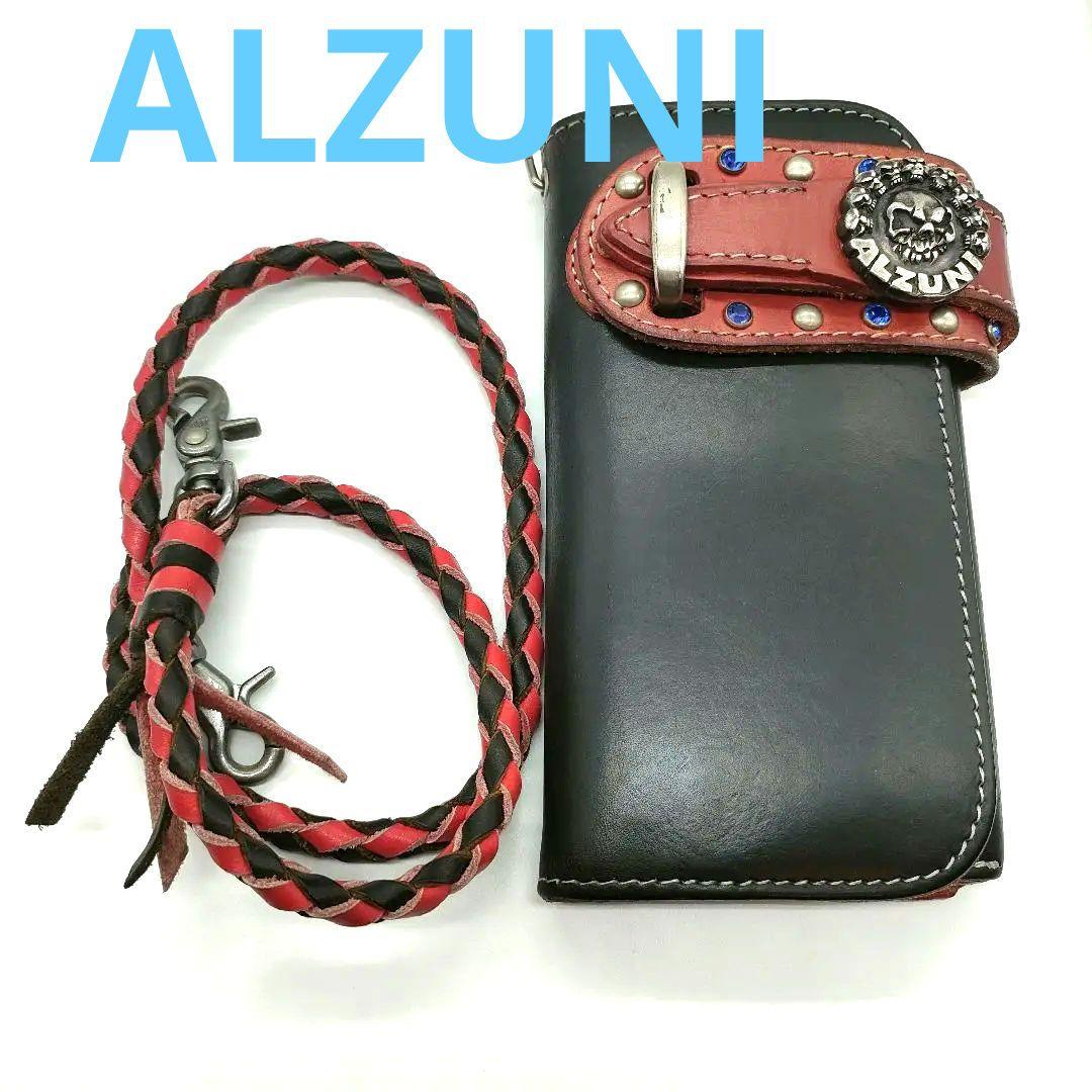 ALZUNIスカルモチーフ 長財布 ブラック/レッド ヴィンテージ