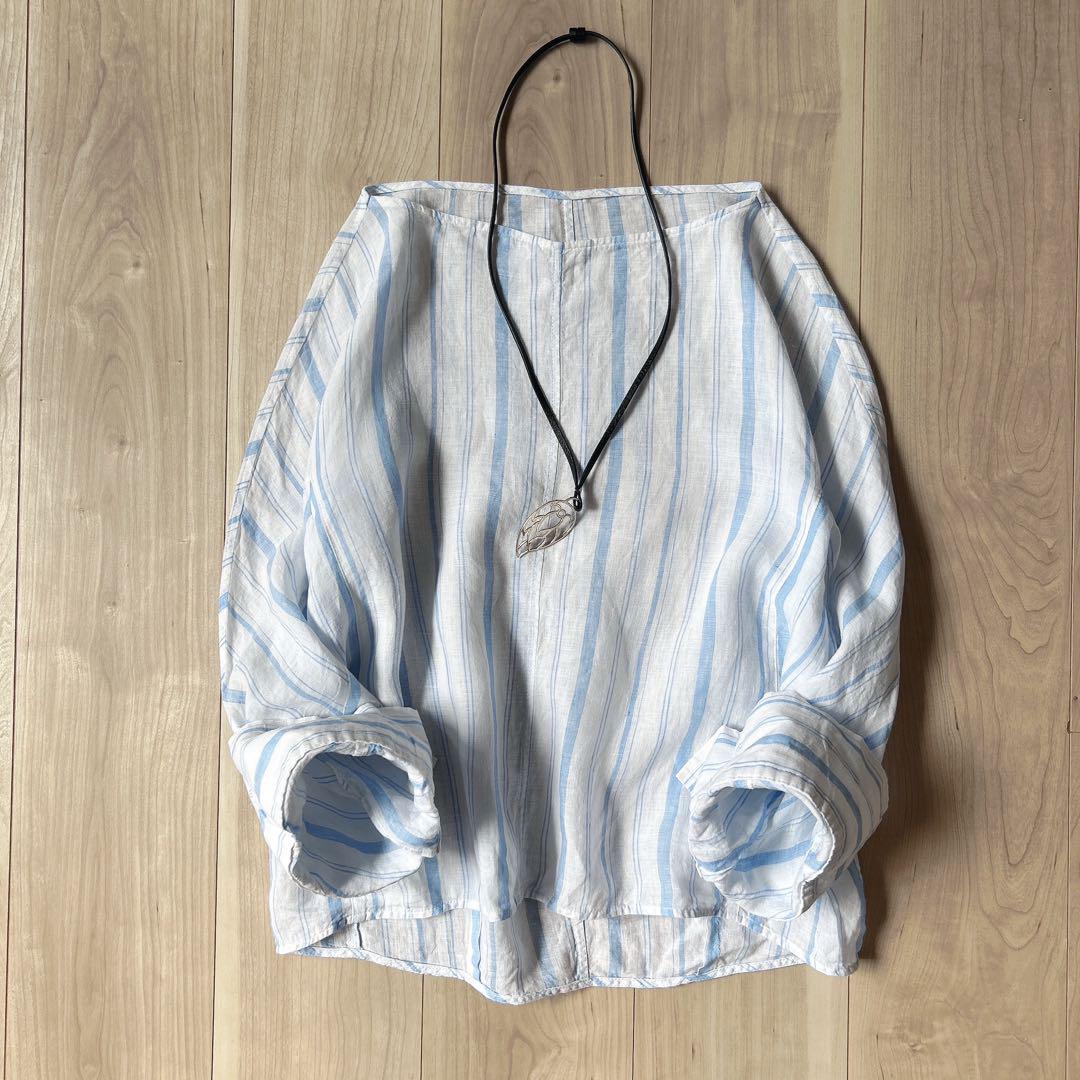 美品＊マカフィー MACPHEE リネン100% プルオーバー 水色×白