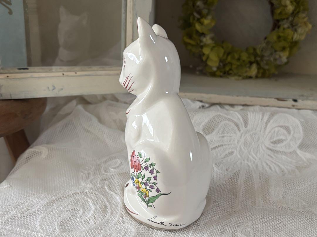 【美品】 フランスアンティーク キャット 猫 リュネヴィル窯 花柄 手彩色