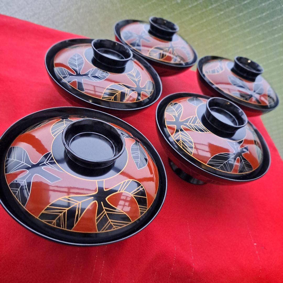 【限定販売】 輪島塗 御吸物椀×5客】布着本堅地 柏蒔絵 長期保管品 食器