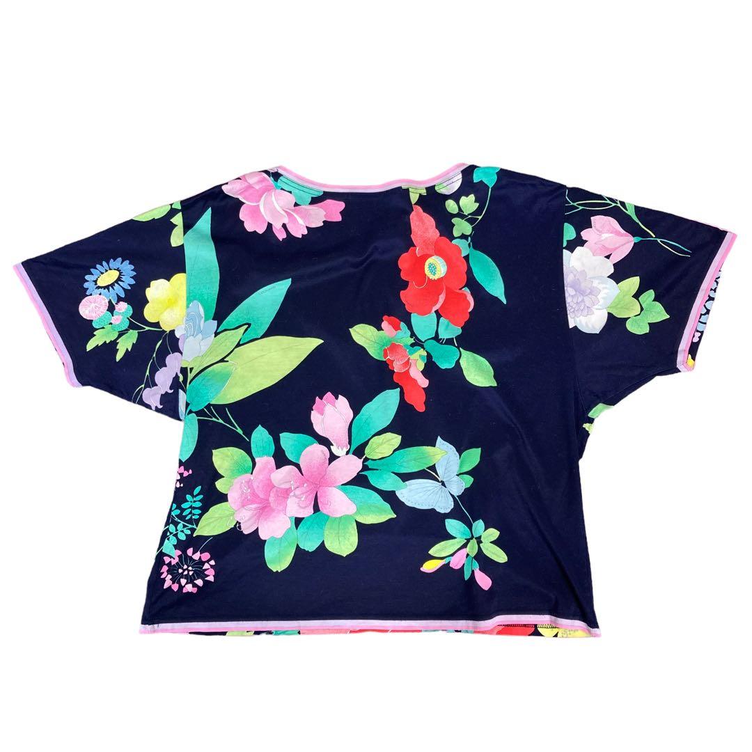 美品 レオナール 花柄 総柄 袖ライン ボタン Tシャツ レディース M