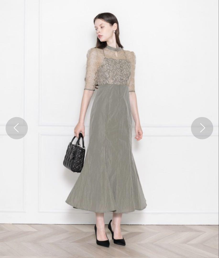 【LEJA】レース花柄透け切り替えロング丈マーメイドフレアワンピースドレス結婚式