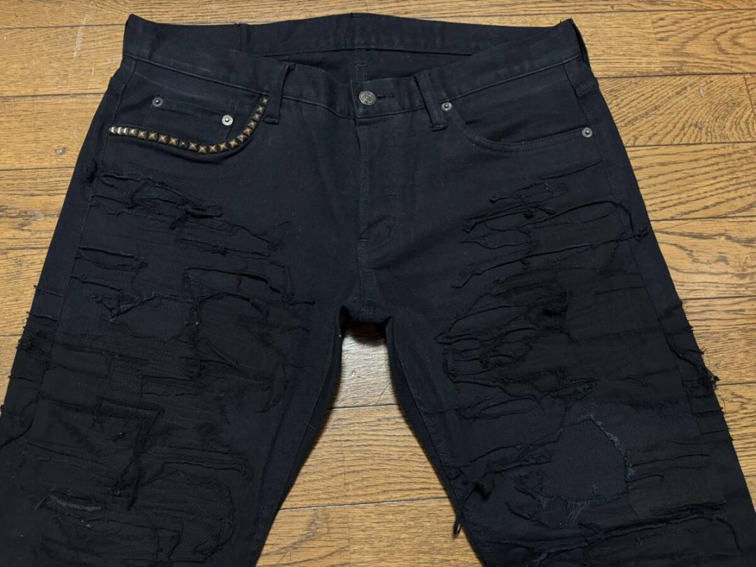 ヒステリック グラマー ダメージリペア加工＆フリンジ加工ストレッチデニムパンツ