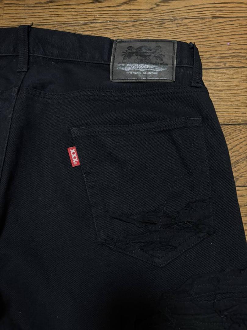 ヒステリック グラマー ダメージリペア加工＆フリンジ加工ストレッチデニムパンツ