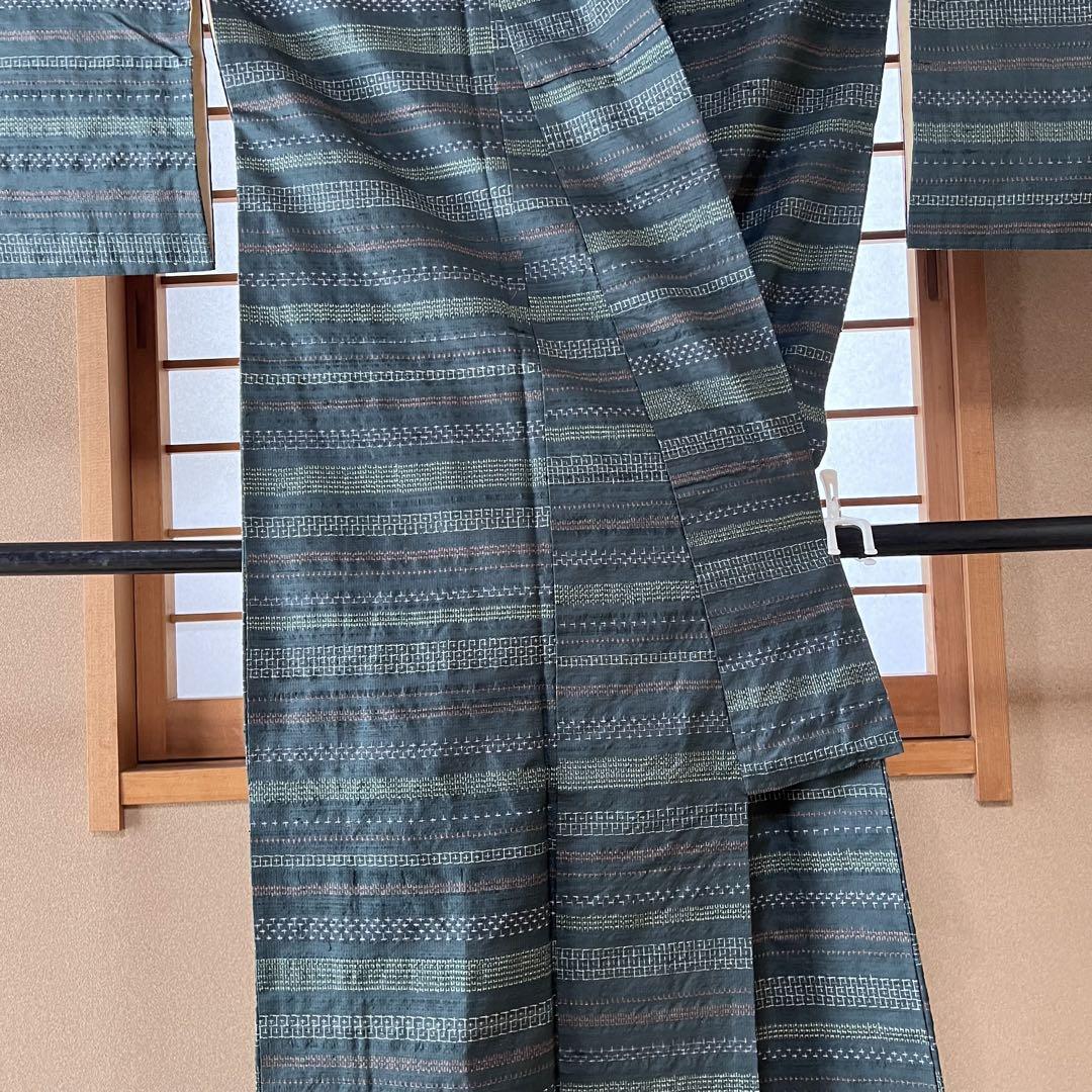 昭和レトロ】着物 深緑 ダークグリーン 幾何学模様