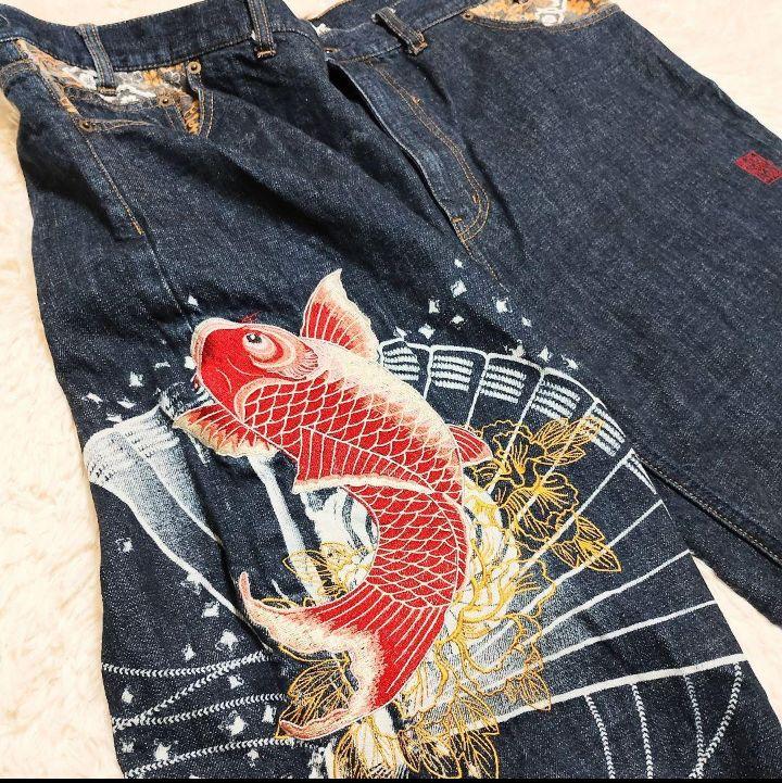 超BIG！！】 絡繰魂 デニムパンツ 刺繍 鯉 和柄 110 超極太