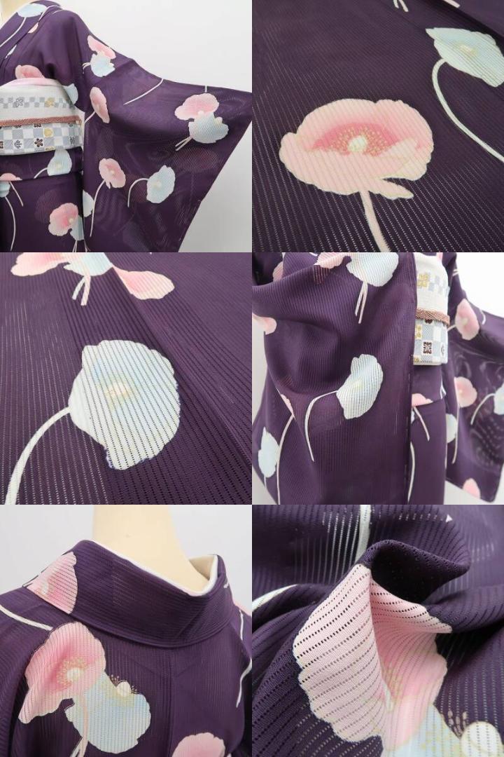 美品 縦絽 ポピー 夏着物”主役級の華やかさ！軽やかに舞うポピー”小紋 6193