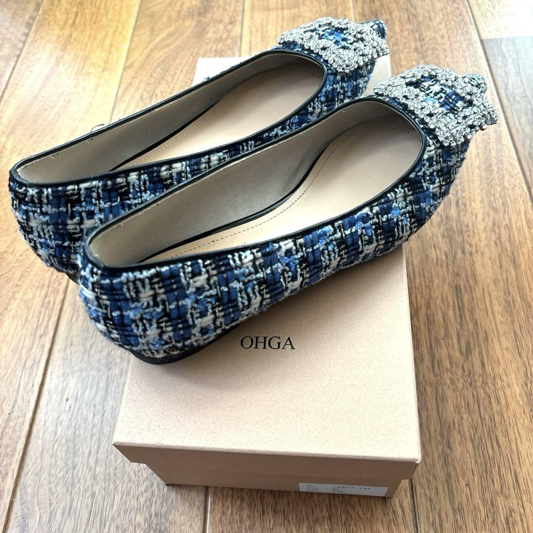 OHGA ツイードビジューパンプス 23.5 ブルー