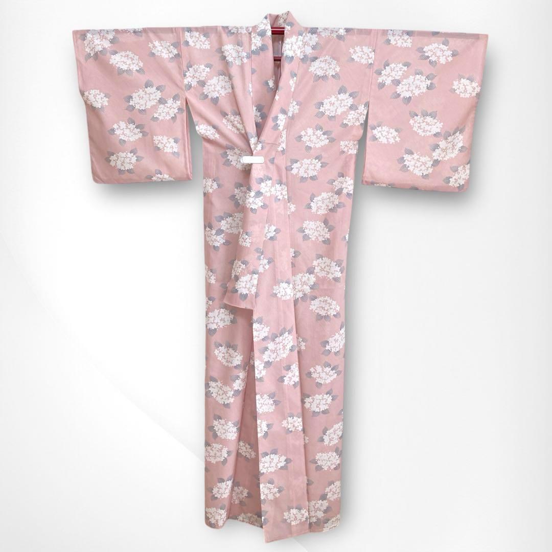 【美品✨】東レシルック　洗える着物　夏物　絽　小紋　くすみピンク　紫陽花　K8