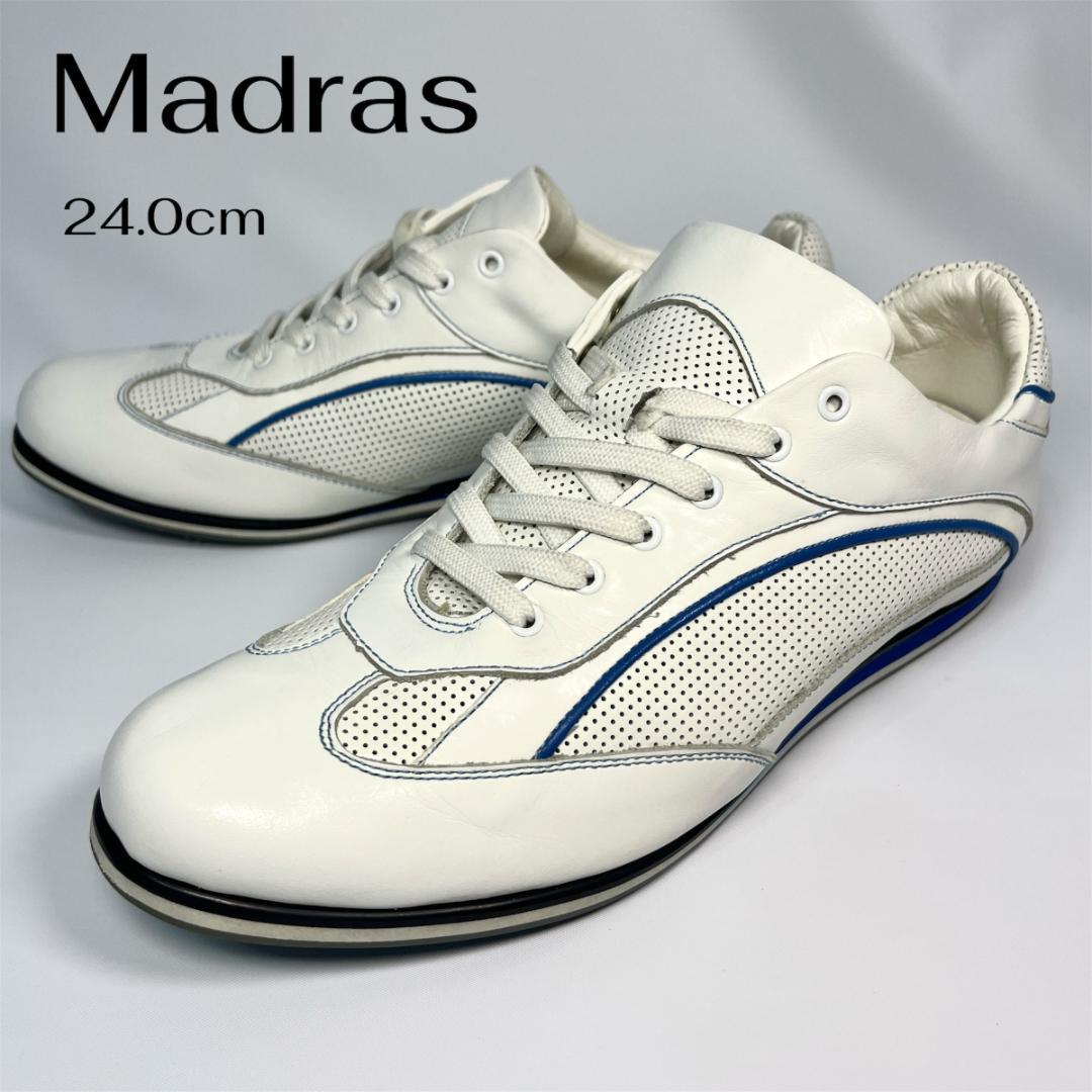 madras レザースニーカー　白青