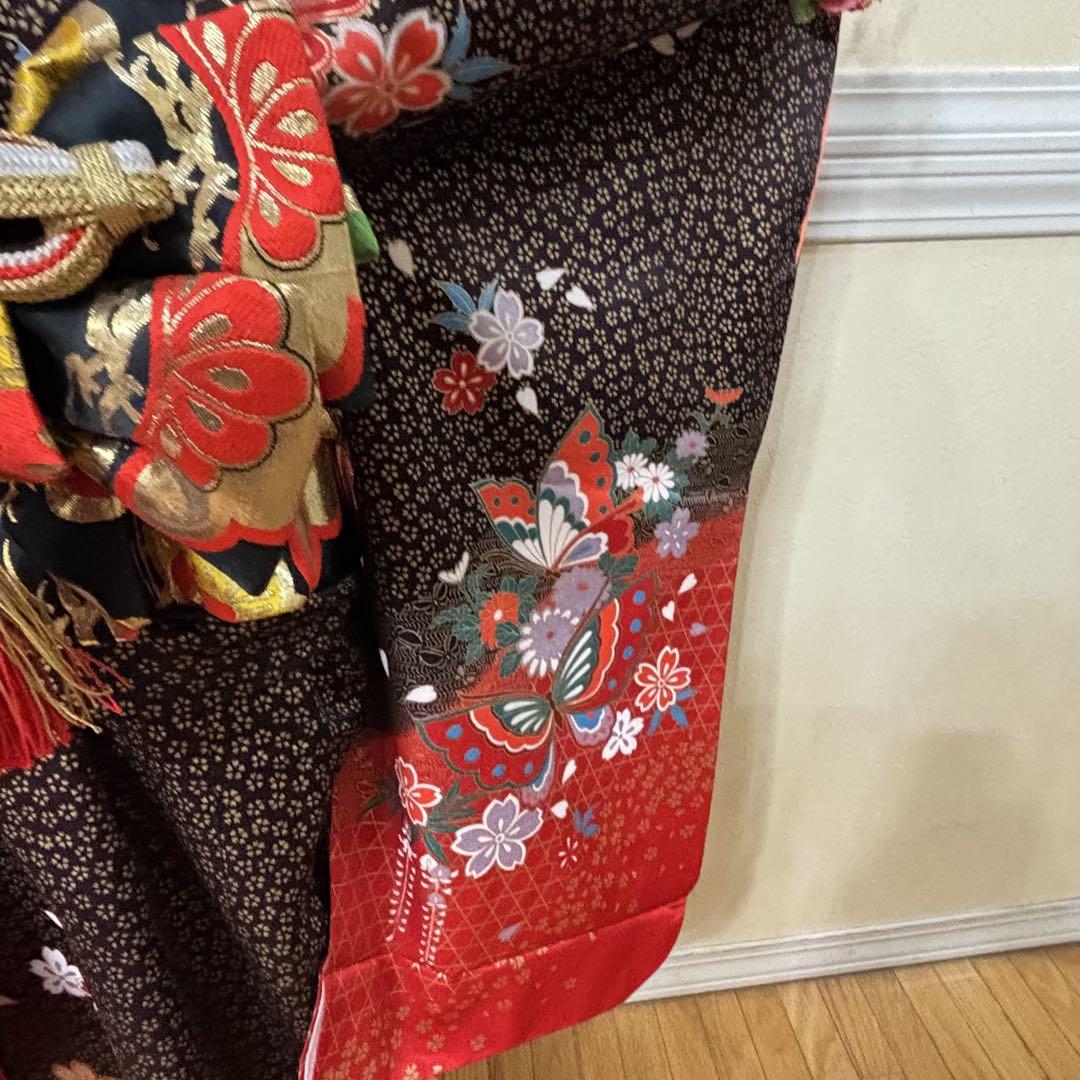 七五三七歳‼豪華絢爛人気黒地蝶々花ラメ金彩金箔煌びやか際立つ