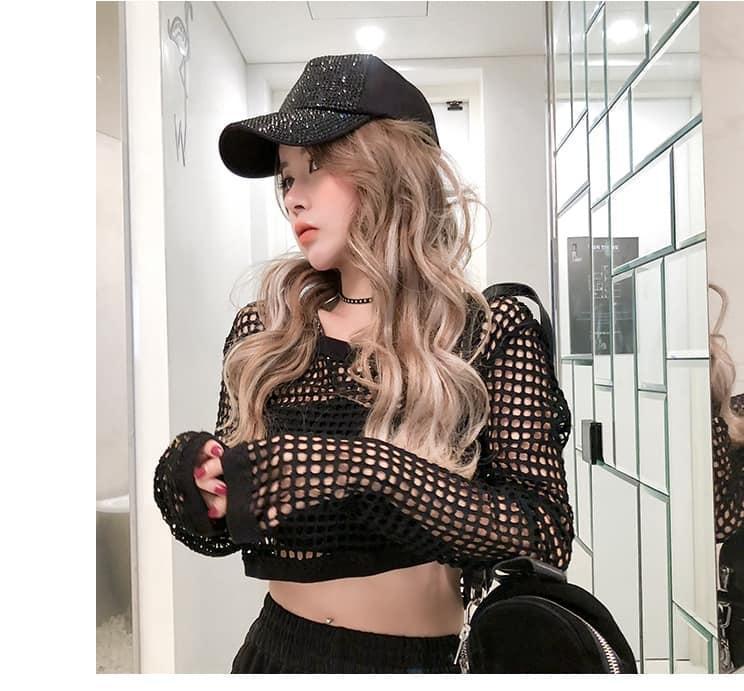 メッシュ 黒 透け感 トップス Y2K 韓国服 レディース トップス