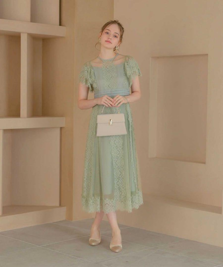 人気の新作 特別価格 ドットチュール×レースドレス グリーン 穴開きあり スーツ・フォーマル・ドレス