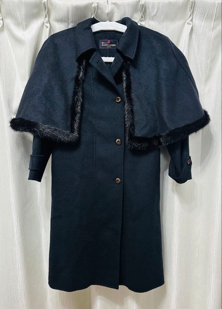 カシミア ミンク付きケープデザイン ロングコート 黒 ファーバックおまけL・HARDY
