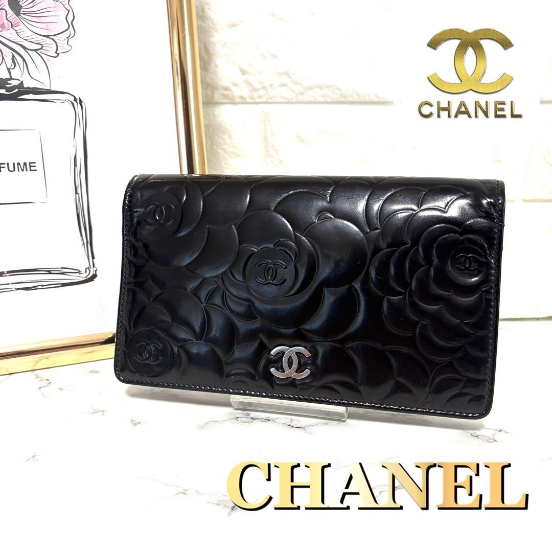 CHANEL シャネル ブラック カメリア エナメル 長財布 黒 Gカード