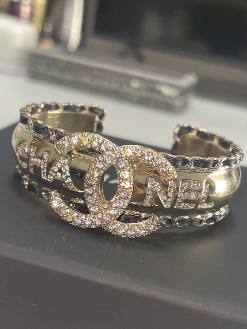 CHANEL バングル ゴールド ストラス レザー 画像3