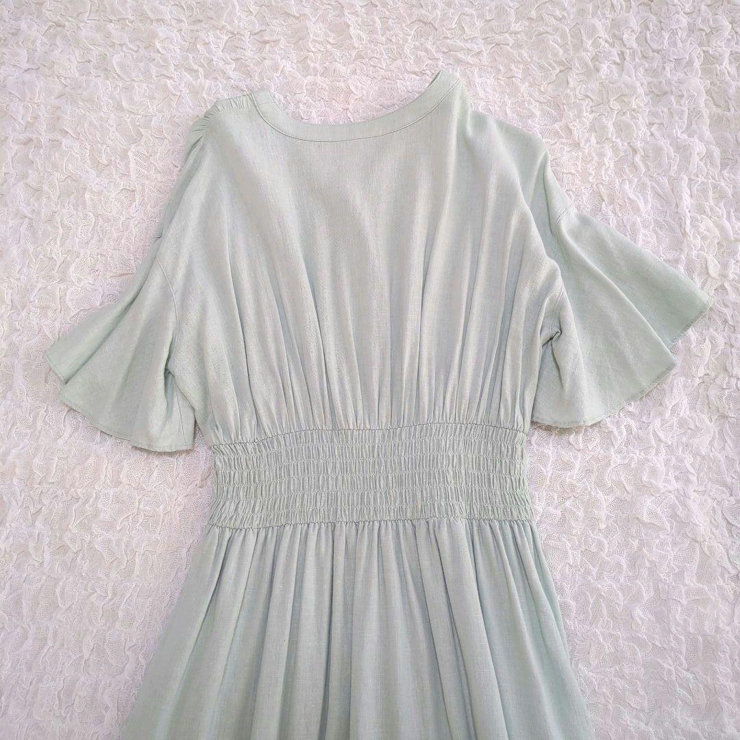 F by ROSSO ウエストシャーリングリネンワンピース 麻 ミント ロング丈 F by ROSSO ウエストシャーリングリネンワンピース 麻 ミント ロング丈