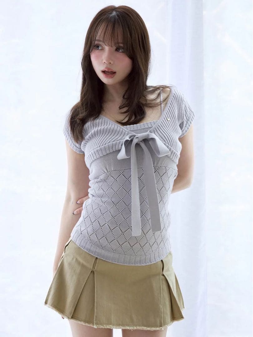 新品 Nana ribbon crochet set グレー ニットアンサンブル