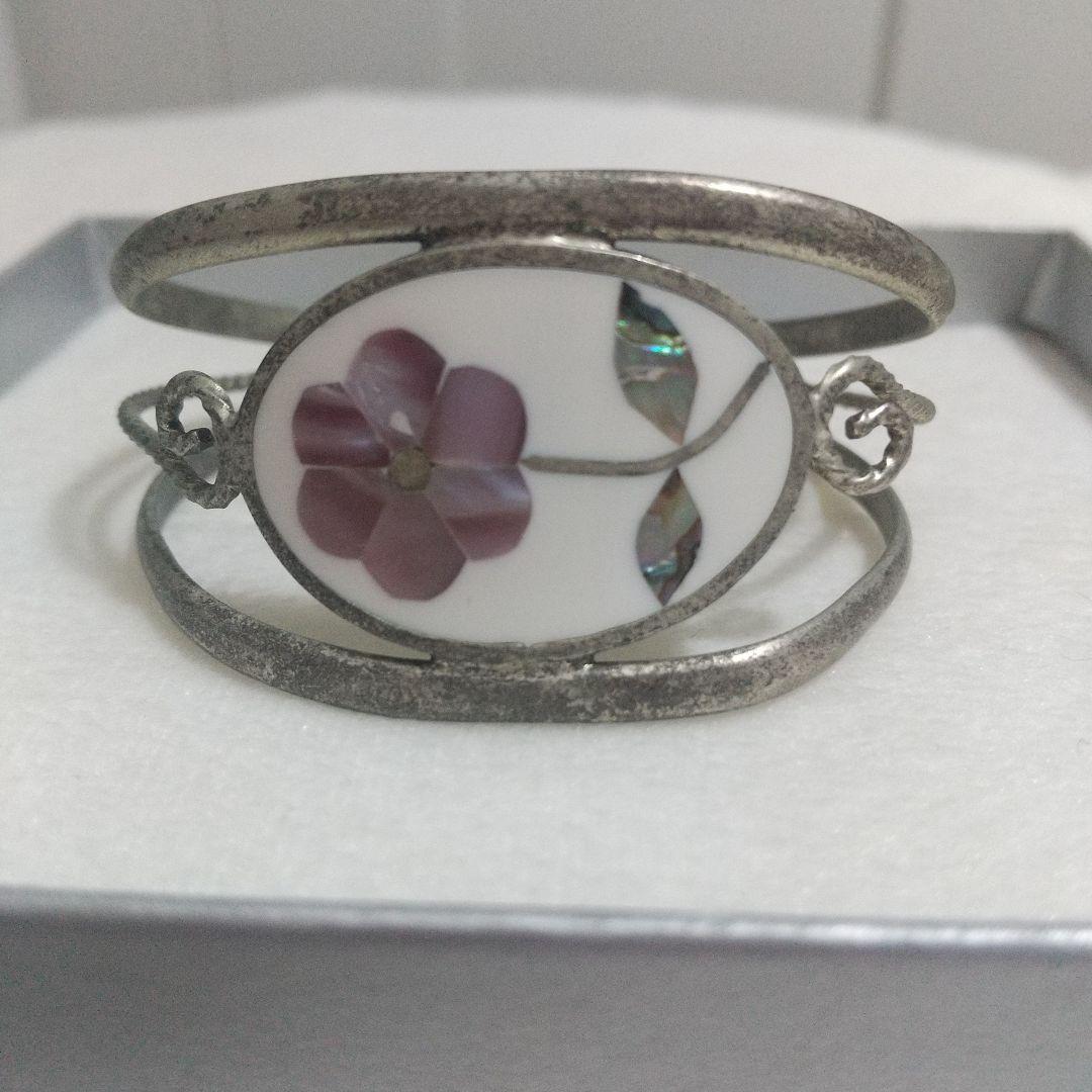 ヴィンテージ　MEXICO　レトロ古着USED花デザインのシルバーバングル