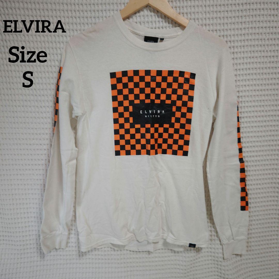 【オシャレ☆ELVIRA】白　オレンジ　柄　長袖Tシャツ サイズS