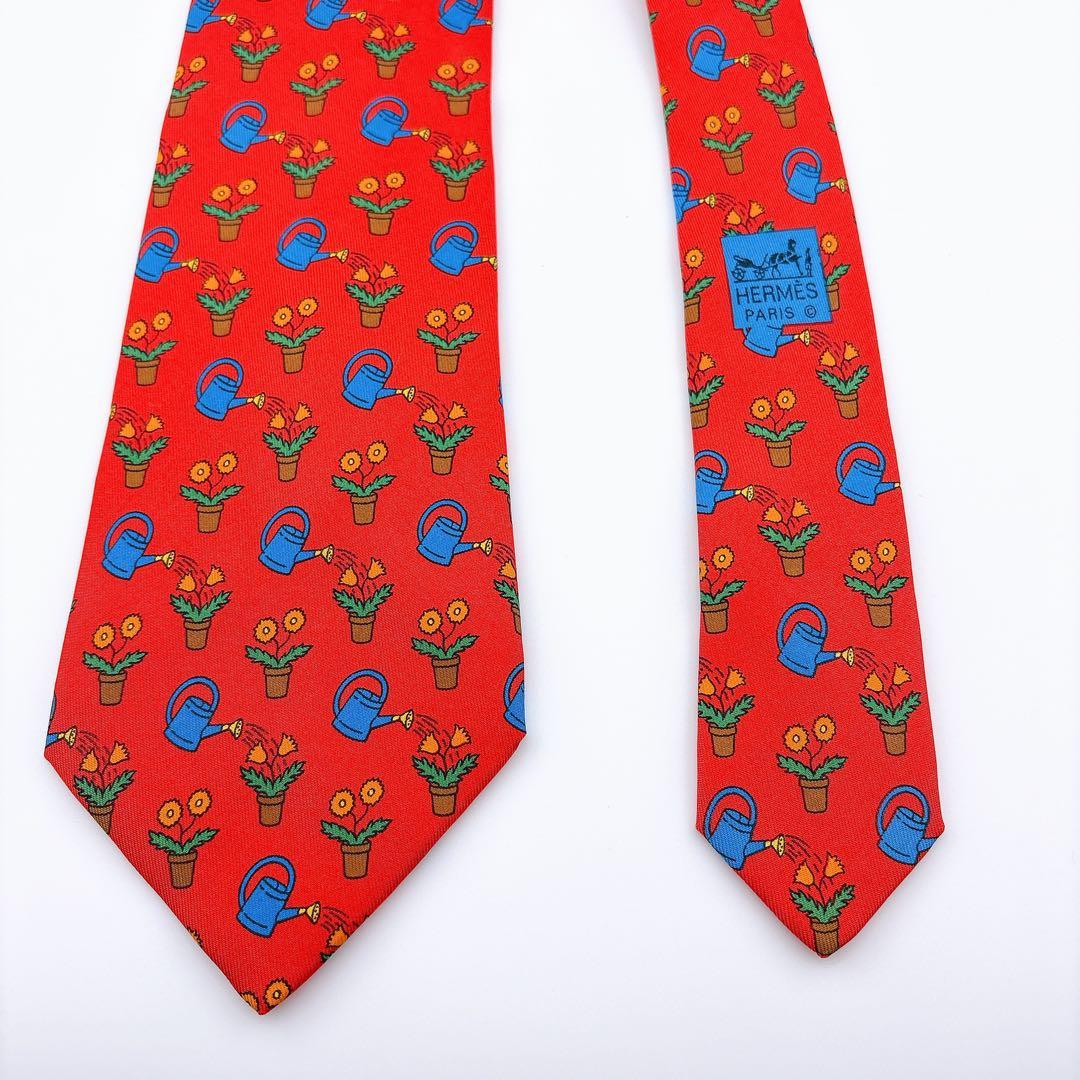【美品】HERMES エルメス ネクタイ ガーデニング柄 レッド シルク100%