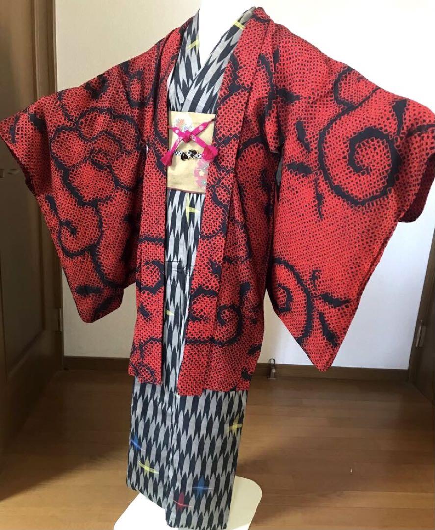 羽織　長羽織　アンティーク　赤黒　絞り調　唐草と椿❤️