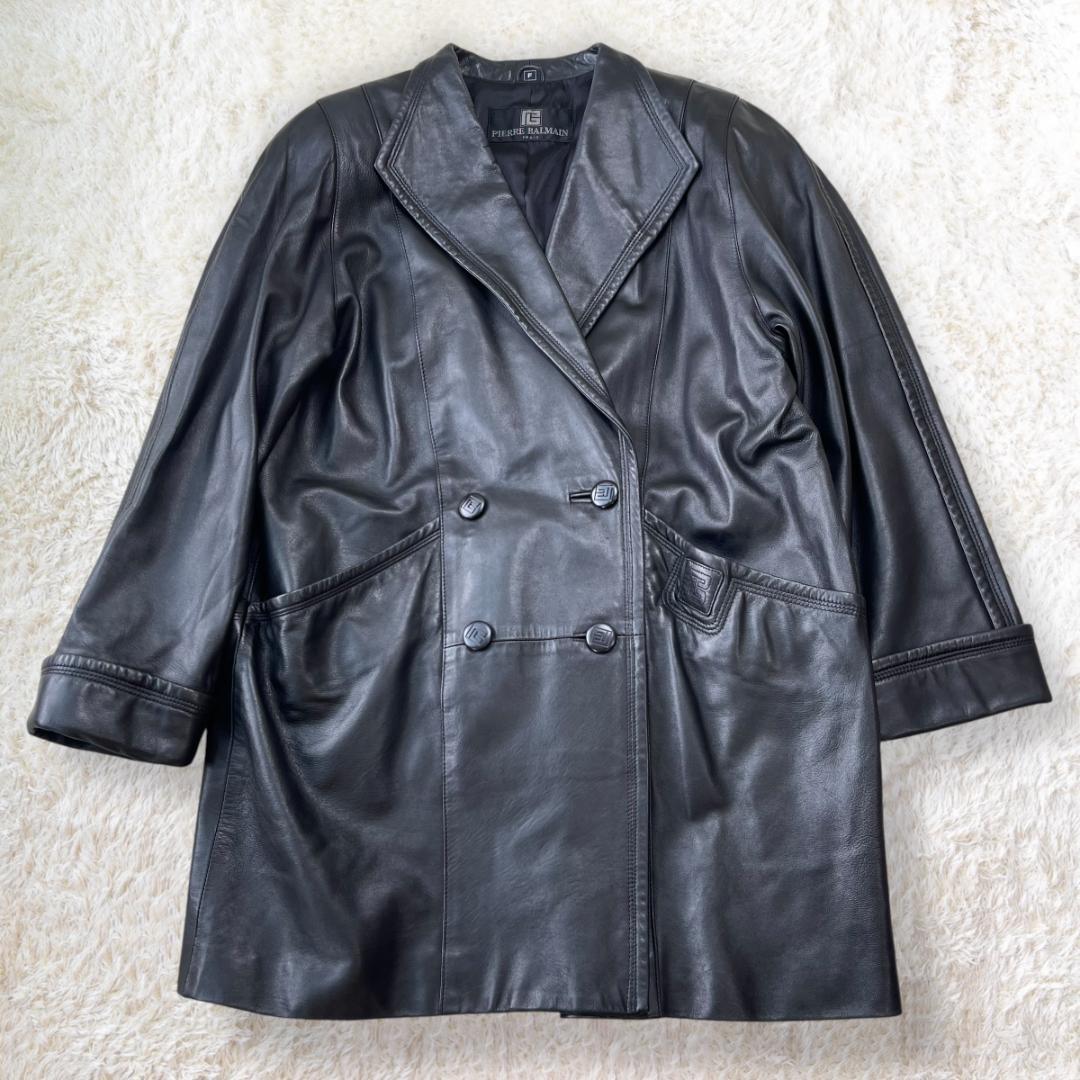 PIERRE BALMAIN ダブルブレストレザーコート バルマンステッチ 黒