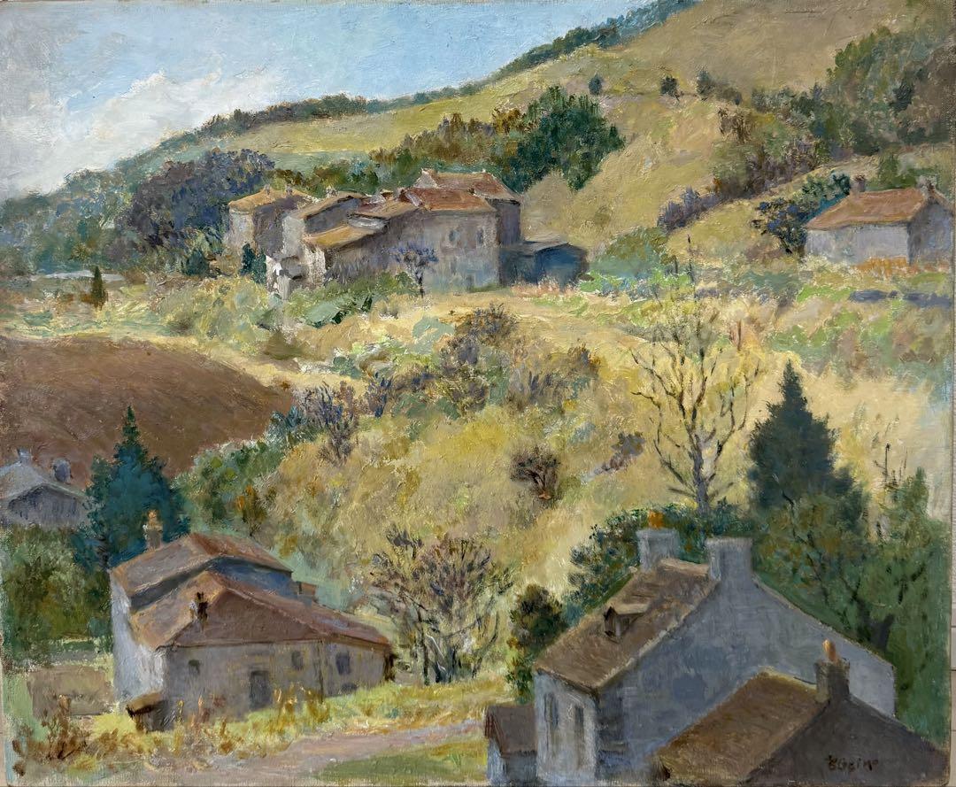 ヴェズレー　萩野　 フランス神聖の村　1983 風景画 油彩画 金色フレーム