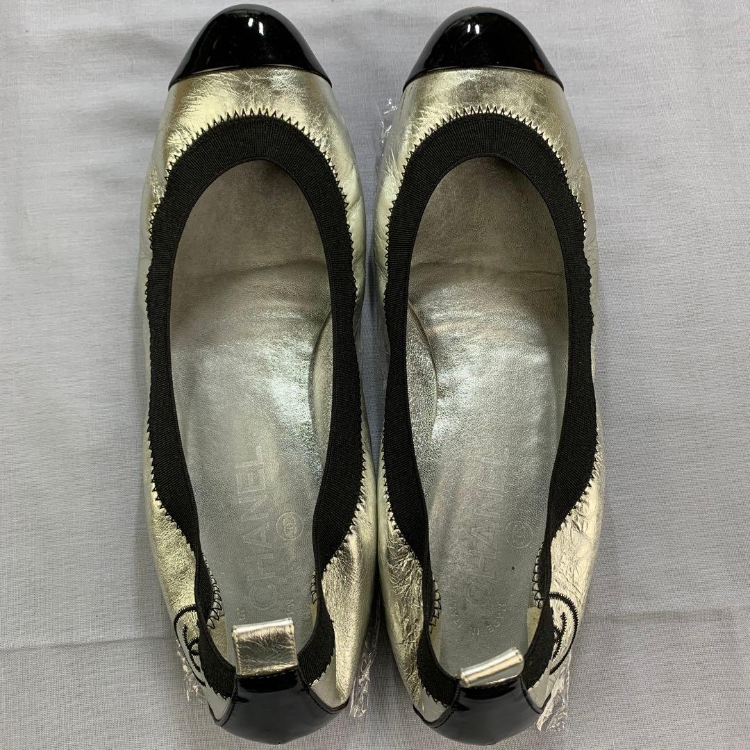 CHANEL☆シャネル☆バレエシューズ☆ロゴ☆エナメル☆シルバー☆38.5