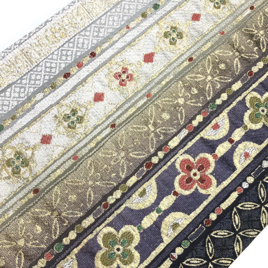 袋帯 本泥染袋帯 縦縞に花模様 金糸 ガード加工 藤鳩羽色 O-5095