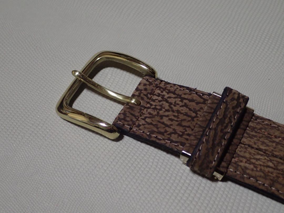 希少品　②シャークスキン　メンズベルト・巾35mm/全長118cm　茶　金　9