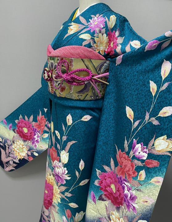 特選京友禅振袖❣️【金駒刺繍⭐️大輪の花意匠】青緑色 ターコイズグリーン