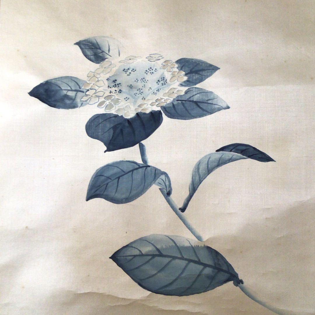 美品 掛け軸 長崎越葉作 紫陽花図 共箱 太巻き付 おもてなし