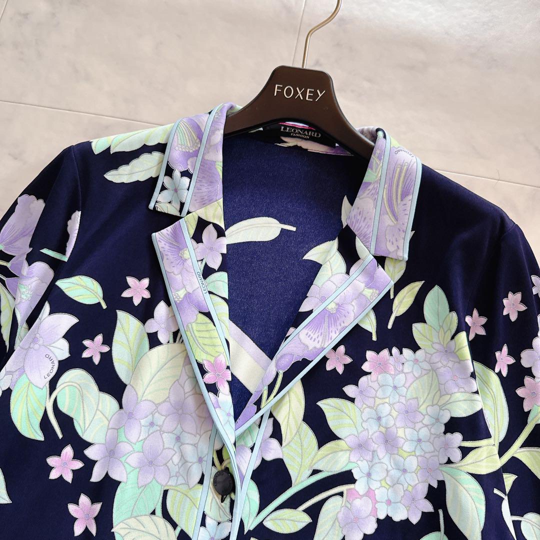 極美品✨レオナール　カンカン　総柄　羽織り　ロング　3B ジャケット　L 緑 極美品✨レオナール カンカン ジャケット 紫陽花 花柄 トリム