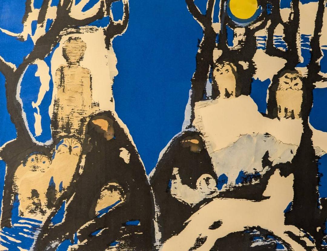 【真作】版画　国松登　シルクスクリーン　月夜の森　幻想的な動物と森　W74