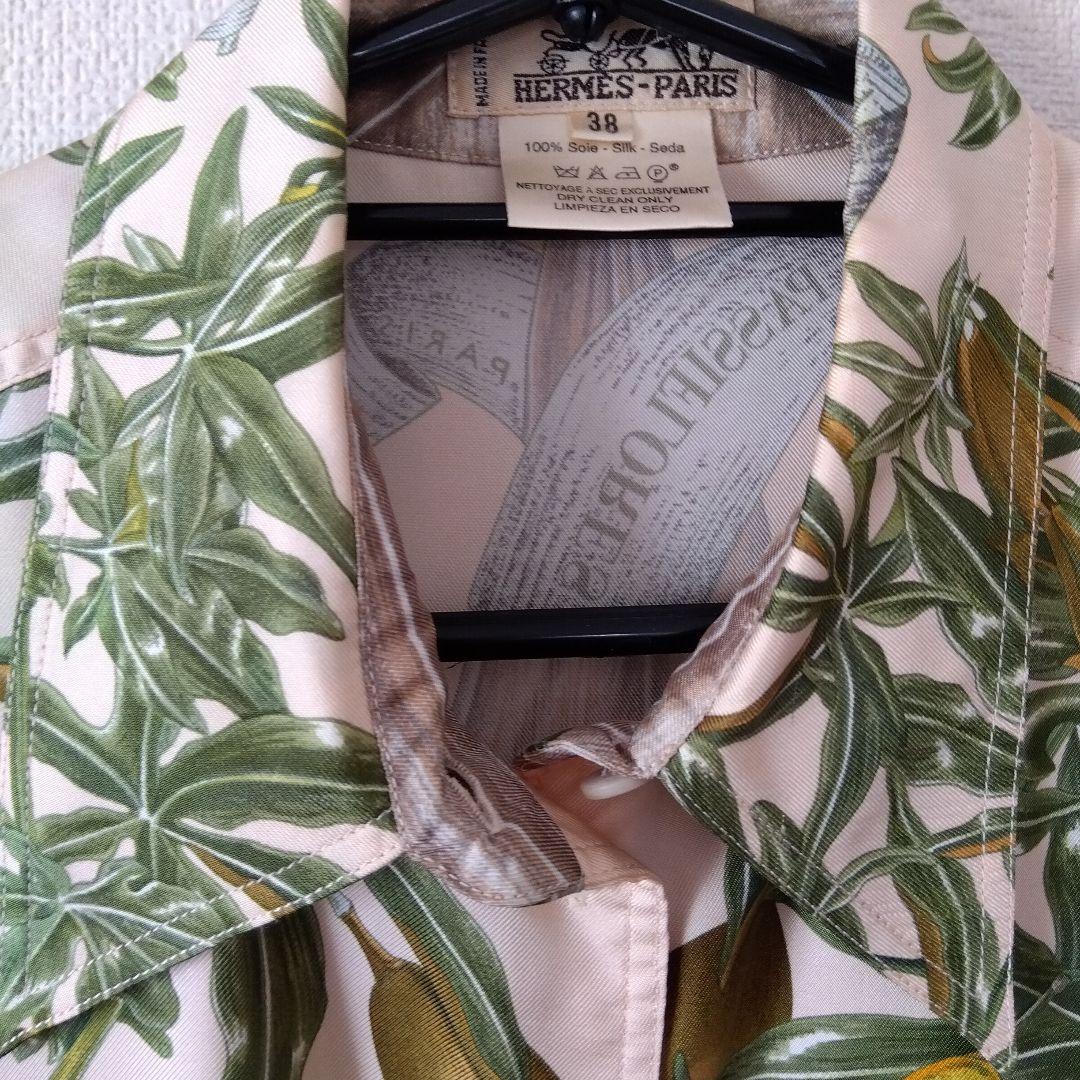 HERMES フローラルシルク長袖シャツ 38