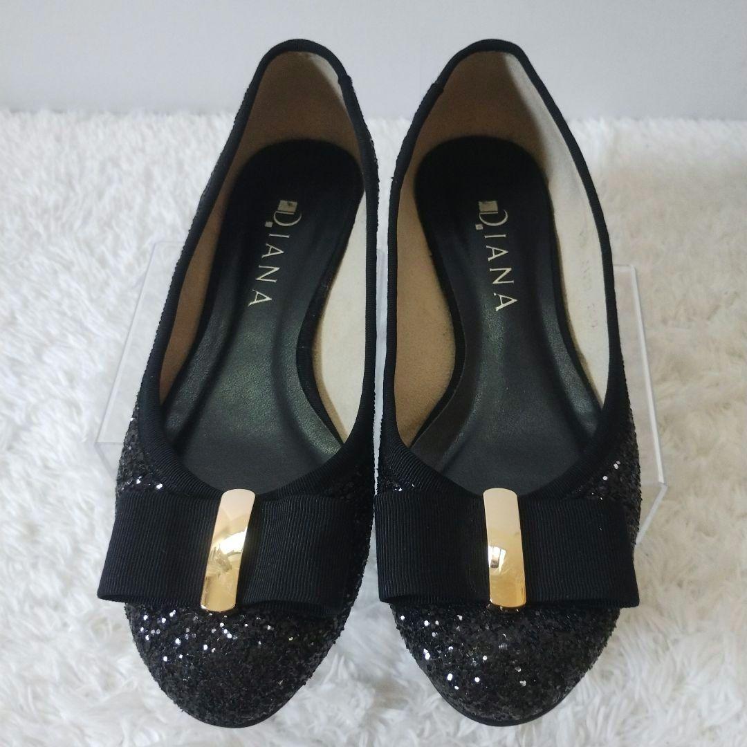 美品⭐︎DIANA 黒 グリッターリボンフラットパンプス ダイアナ グリッター ラメ リボン フラット パンプス 黒 24