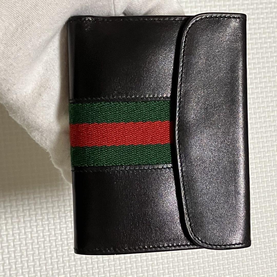 未使用　OLD GUCCI レザー二つ折り財布　 シェリー　「G」ロゴ　ブラック