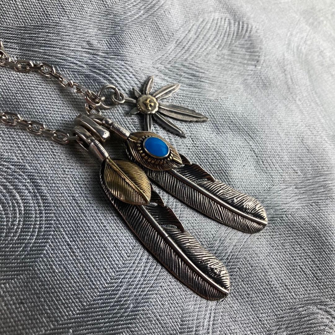 極美品 goro's 上金ターコイズフェザー 細角チェーンセット ネックレス
