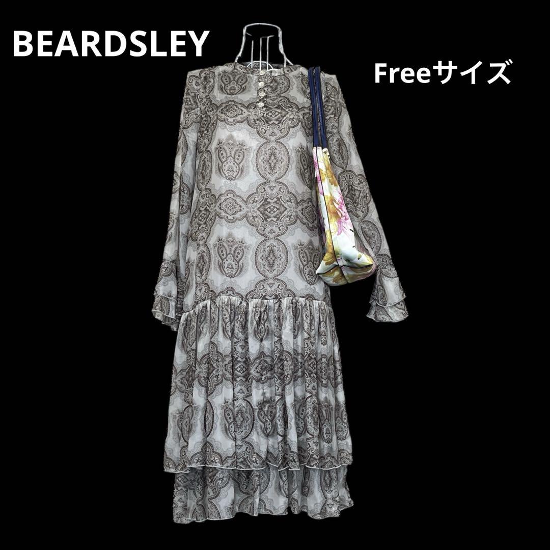 【BEADSLEY】ワンピース　ティアード　アラベスク柄　バンドカラー　ビーズ