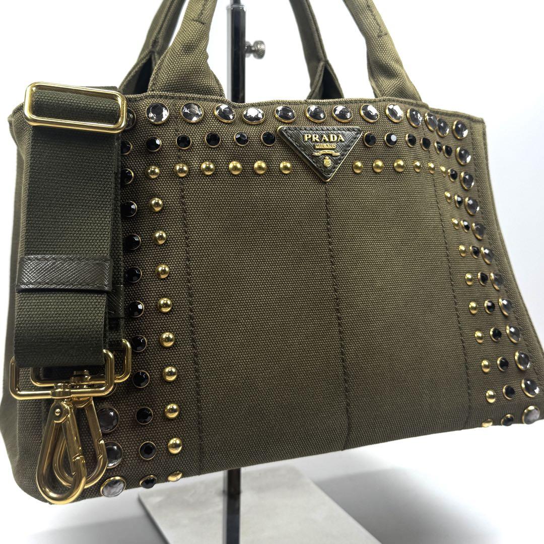 美品✨ PRADA カナパS 2way ショルダー付 ビジュー スタッズ カーキ